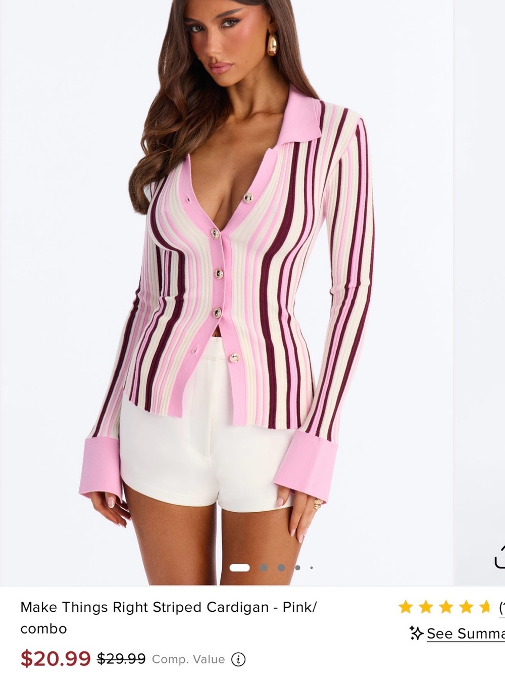 Fashion Nova Pink Striped Ribbed Cardigan with Contrast Collar